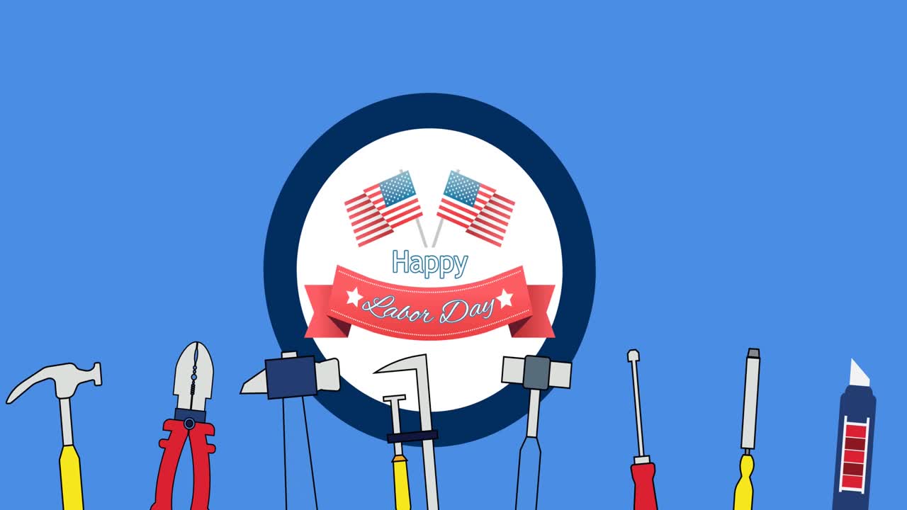 도구와 파란색 배경 위에 행복한 노동의 날 텍스트의 애니메이션