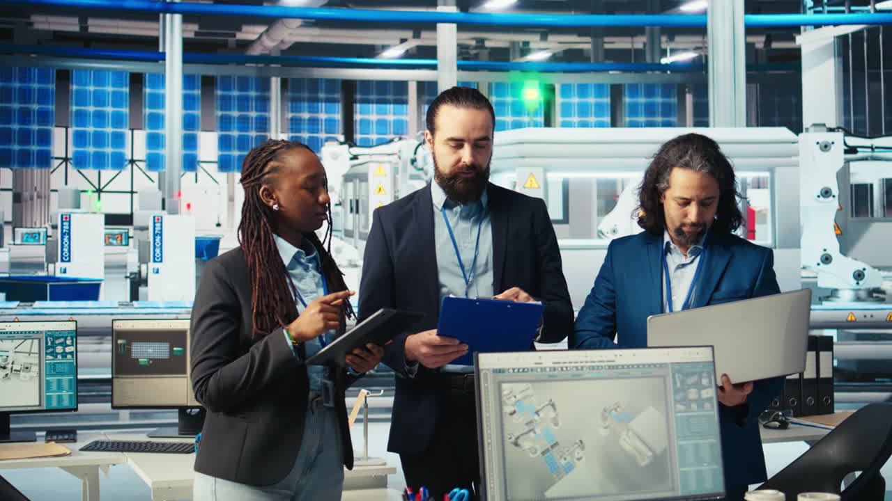 retrato de supervisores felices inspeccionando la maquinaria de la planta solar