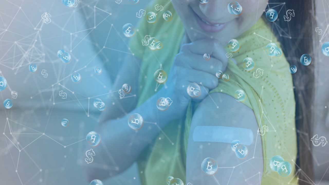 Woman rolling sleeve in room revealing bandage while currency nodes linking vaccine to healthtech