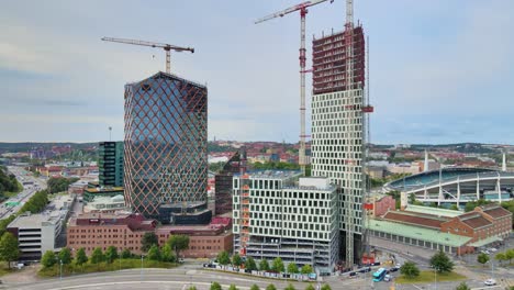 Construction-Tower-Cranes-At-Citygate-And-Kineum-Buildings-During-Coronavirus-Pandemic-In-Sweden