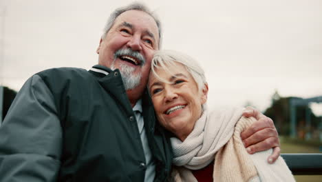 senior, couple and hug on bench at park