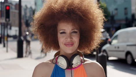 slow motion portrait of funky happy mixed race woman smiling