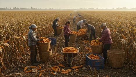 workers harvesting corn in a golden field during sunset, capturing the beauty of agriculture and community efforts in a serene rural landscape