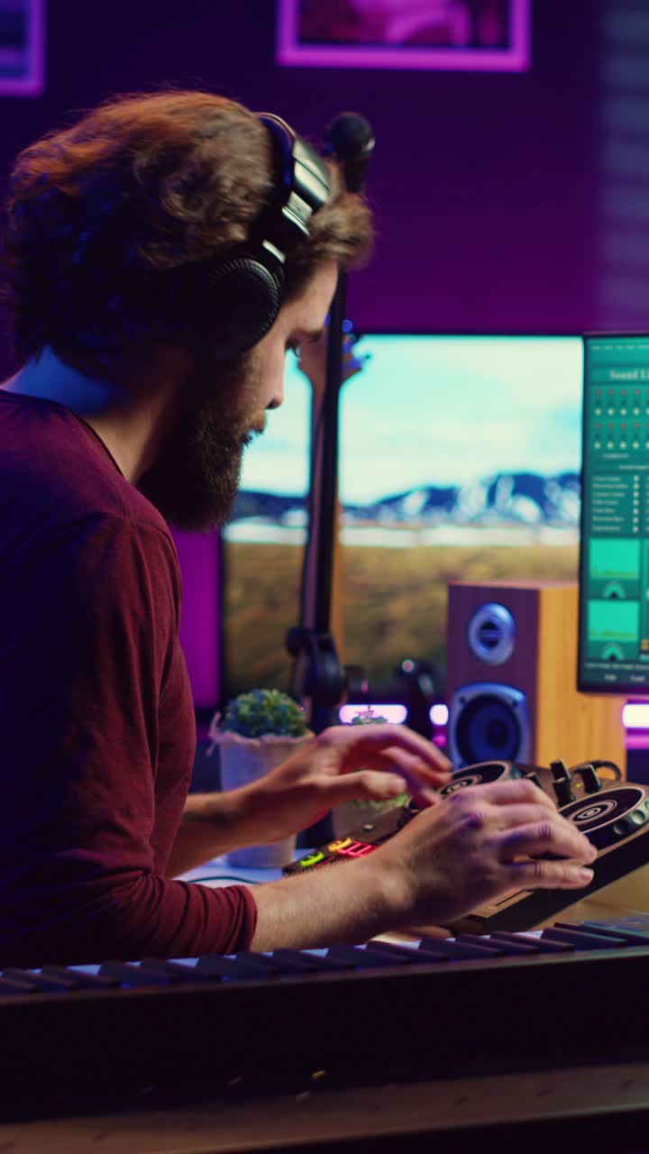 Produttore musicale che mixa brani in uno studio casalingo di notte