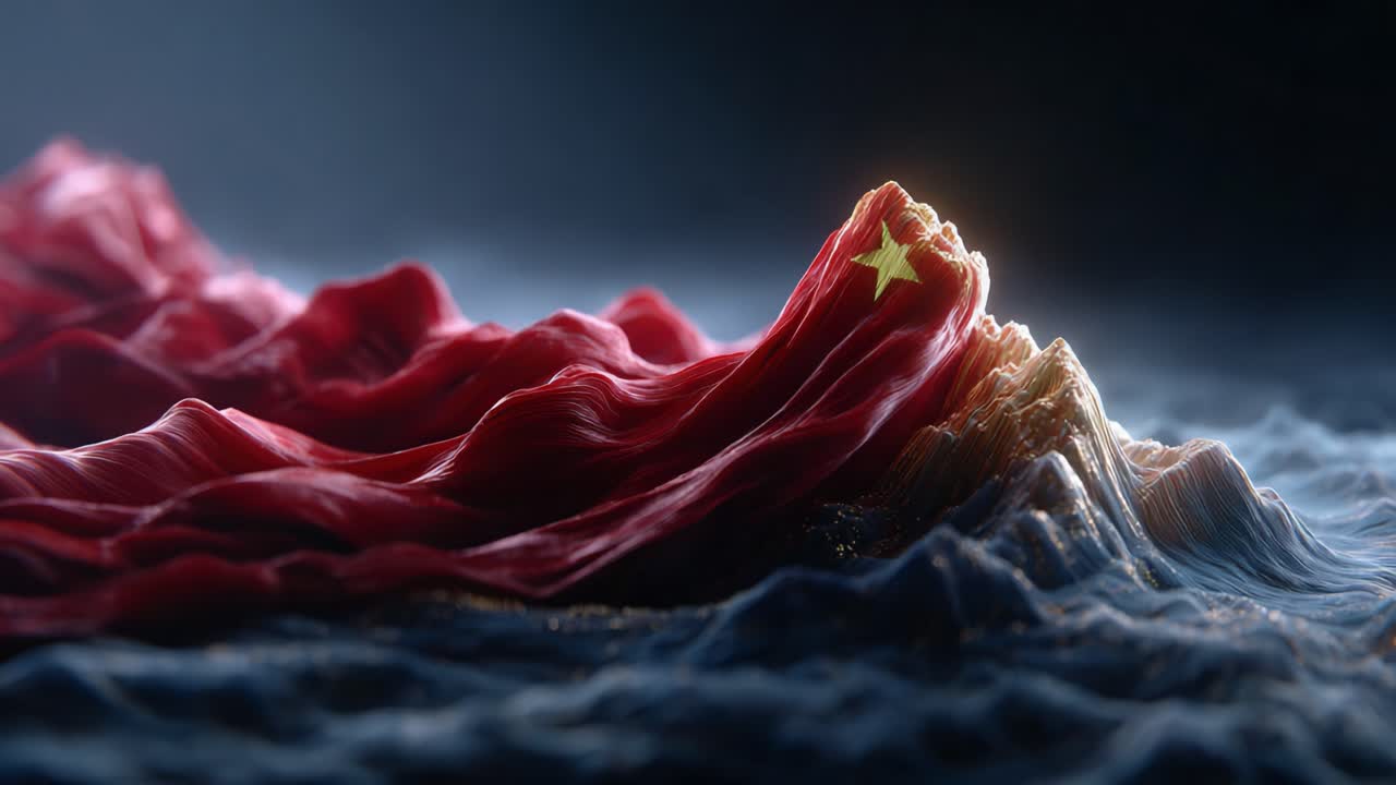 A Dramatic Visualization of the National Identity, Featuring Textured Mountains and Flowing Fabric in Vivid Red, Symbolizing Unity and Strength Beneath a Shimmering Star