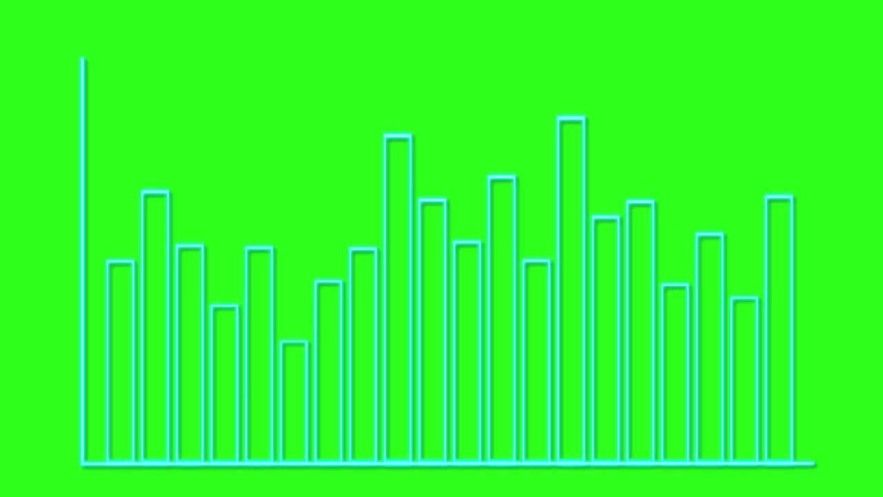 Blue bar chart animates upward, filling data columns on a bright green chroma key background