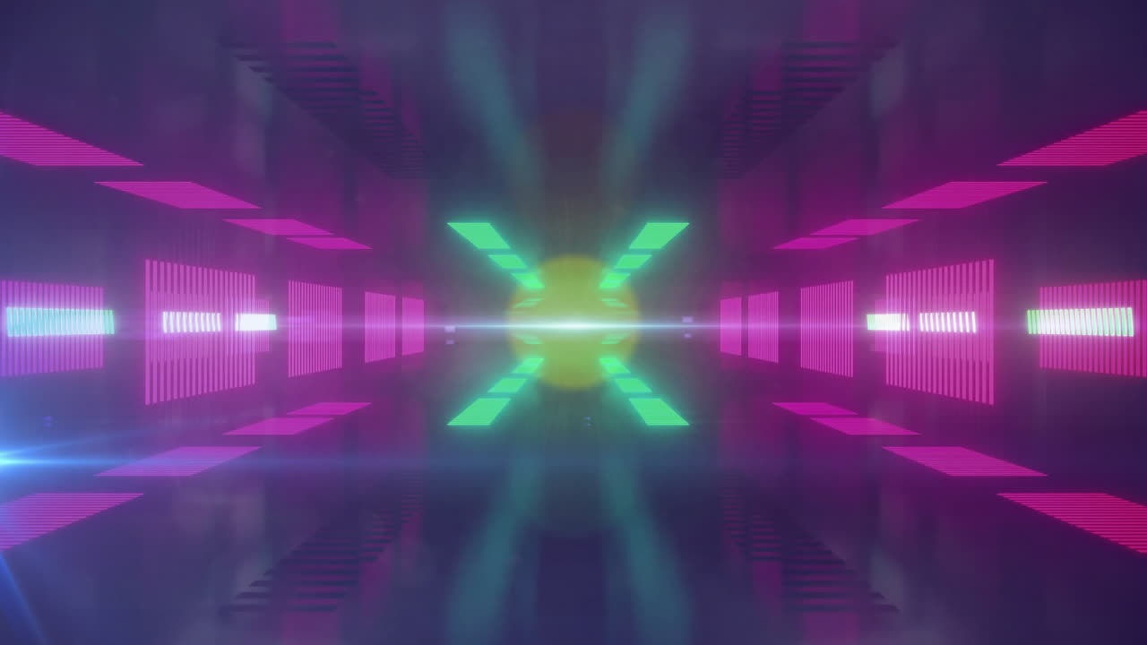 Animazione di un motivo al neon su sfondo scuro.