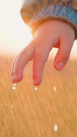 gotas en la superficie del impermeable contra la puesta del sol. el espíritu del niño pequeño sigue siendo inflexible mostrando fuerza frente a la adversidad a pesar del tiempo tormentoso