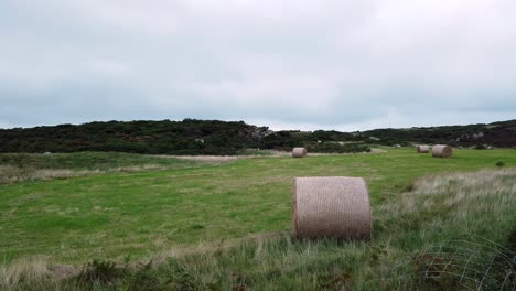 pradera de campo con pacas de heno de paja enrollada en tierras de cultivo británicas rurales nubladas abiertas