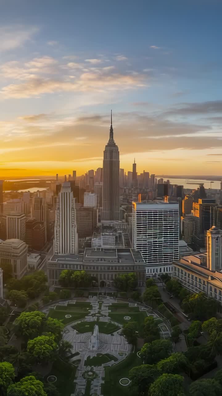 Vertical video: Sun descending over Manhattan plaza, bathing Empire State Building in glow for dusk