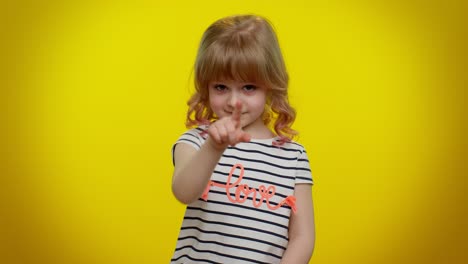 serious child girl kid pointing finger away asking to leave her alone, strict boss firing, conflict