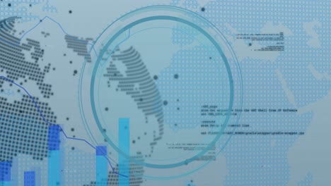 animación de un banner de texto de ciberseguridad sobre un globo giratorio y procesamiento de datos estadísticos.