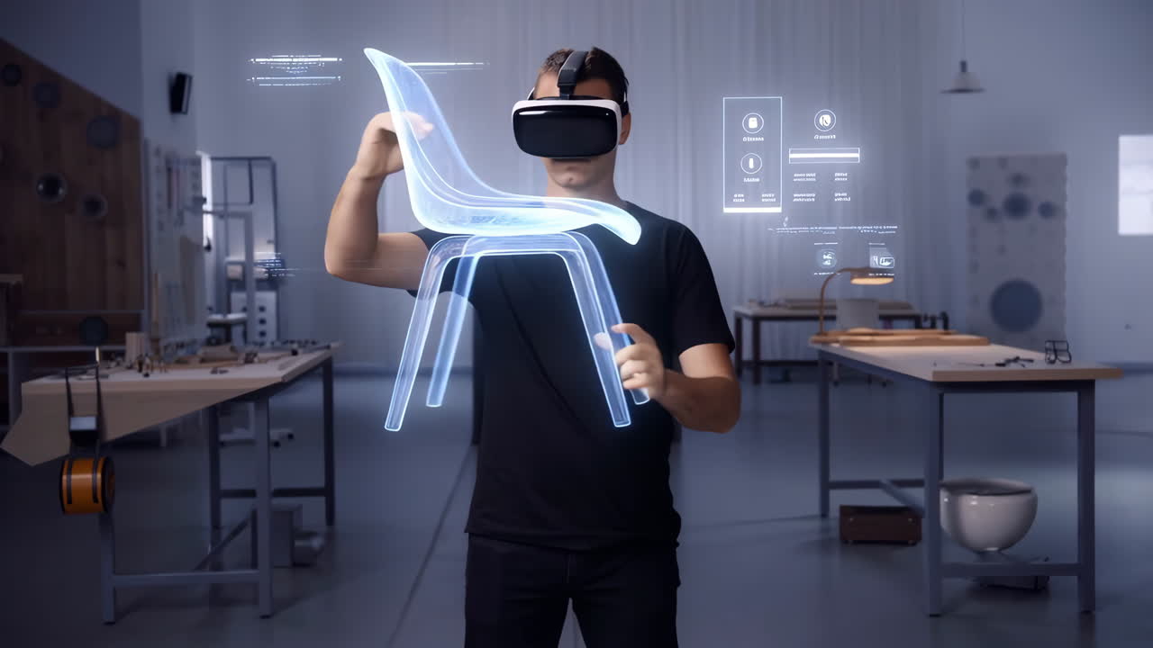 Designer Using Virtual Reality Headset to Create 3D Holographic Chair Model in a Workshop