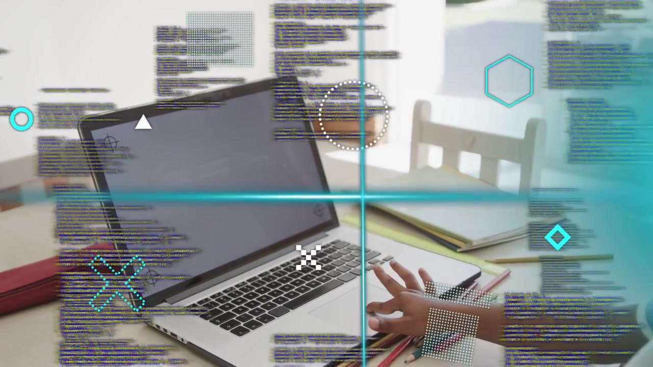 Child's hand entering right, reaching laptop, adjusting pad for learning, overlays obscuring hand