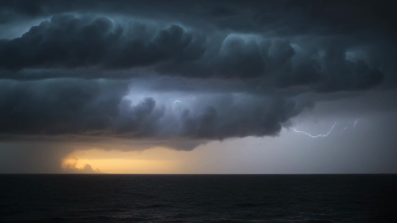 Flashing shelf cloud over ocean horizon, charge building inside and producing right-side bolt