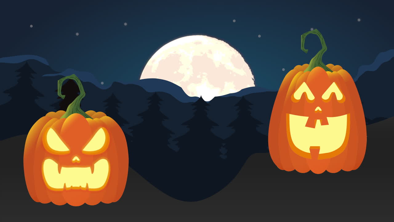 escena nocturna con una noche de terror y calabazas aterradoras, animación