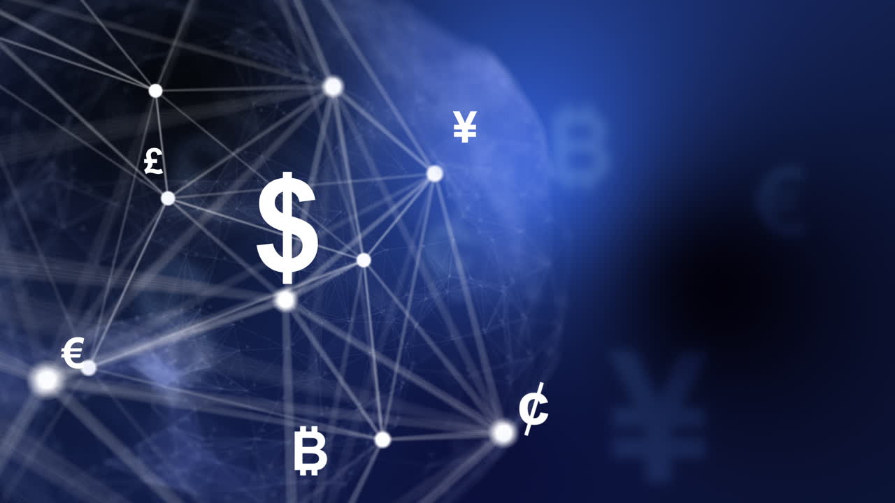 3D animation of money symbols of different countries on a blue background. Abstract lines connecting signs. Money currency. Plexus of lines.