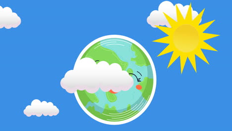 animation of sun and laughing globe on blue sky and clouds