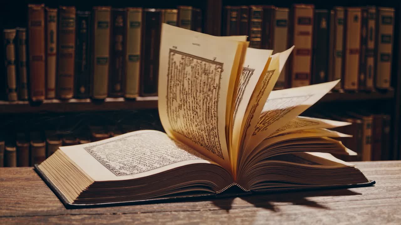 A vintage book open on a wooden table in a library, captured from a low-angle shot