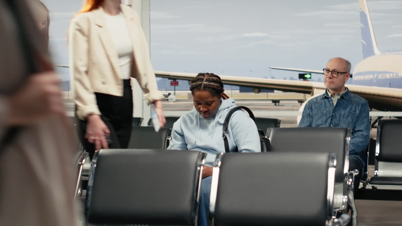 Chatting, runway control tower and multiethnic group of friends in airport