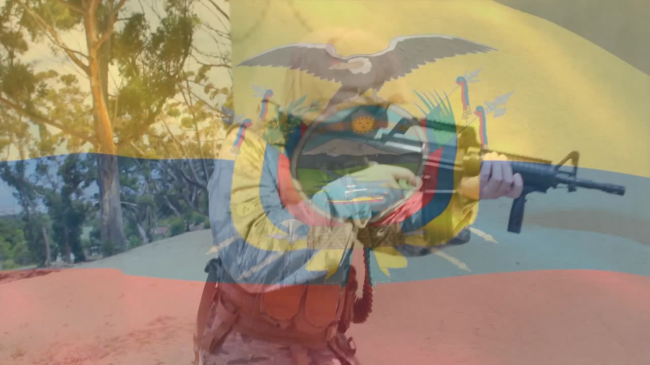 Soldier shifting grip, aiming rifle, moving past door in training, Ecuador flag overlaying shot