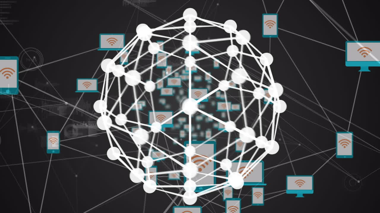 animación de la red de conexiones e iconos sobre un fondo oscuro