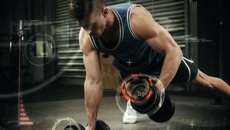 Athlete-performing-push-ups-with-dumbbell-against-the-animated-background