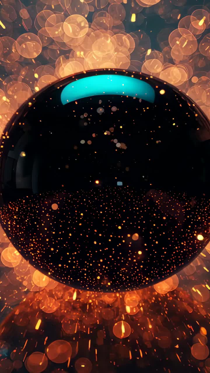 Vertical video: Black sphere turning in set, light pulsing, drifting orbs, cyan rim and gold sparks