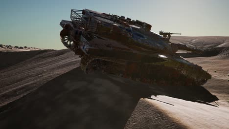 tanques militares destruidos en el desierto al atardecer