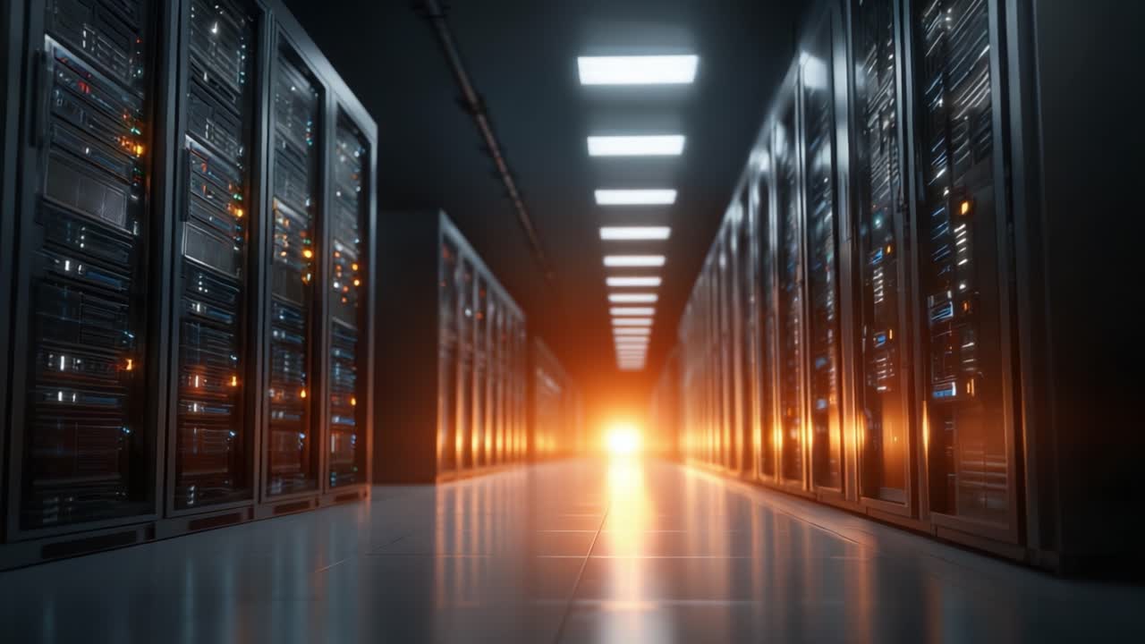 A Futuristic Data Center with Rows of Servers Illuminated by a Distant Light: Exploring the Future of Technology and Information Storage Infrastructure