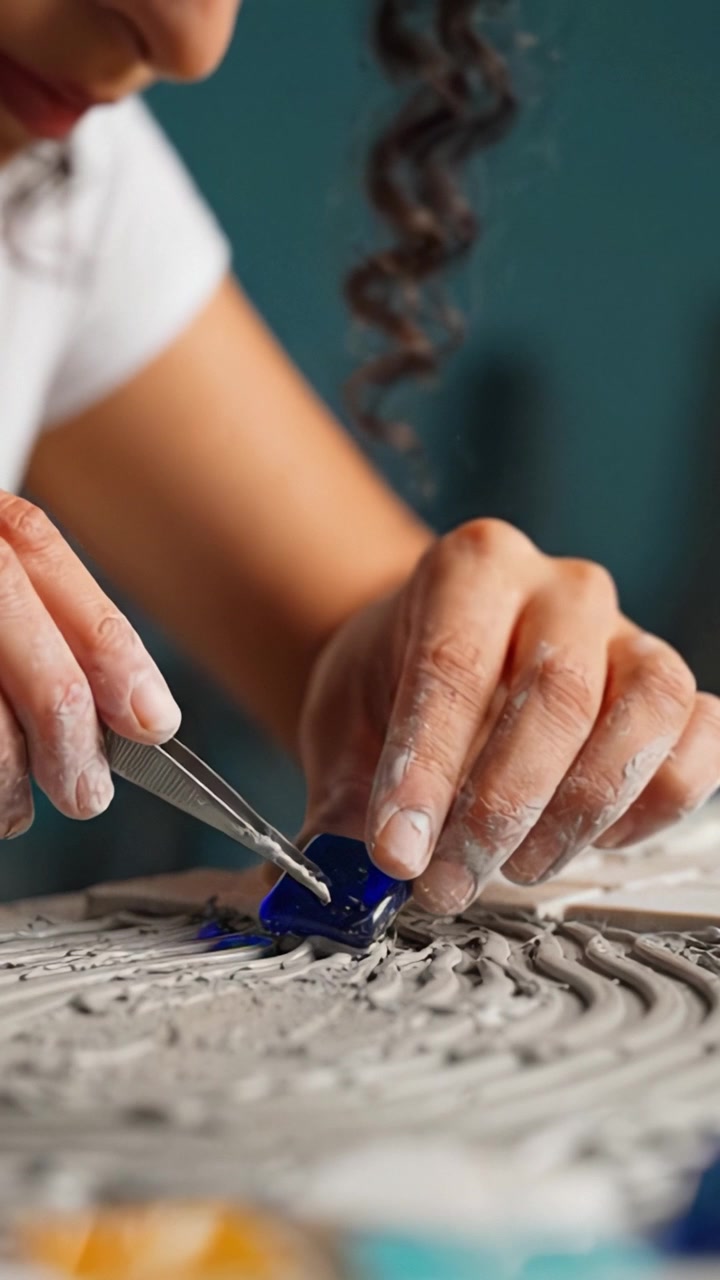 Lavorare l'argilla: Un artista creativo che modella forme e motivi unici usando strumenti e vetro colorato in un design testurizzato