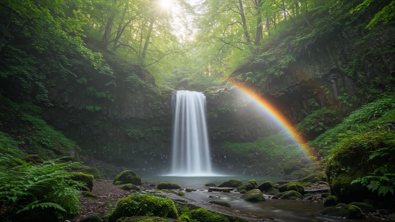 A Serene Waterfall Cascades Through Lush Greenery, Enhanced by a Majestic Rainbow, Capturing the Tranquil Beauty of Nature in Glorious Detail