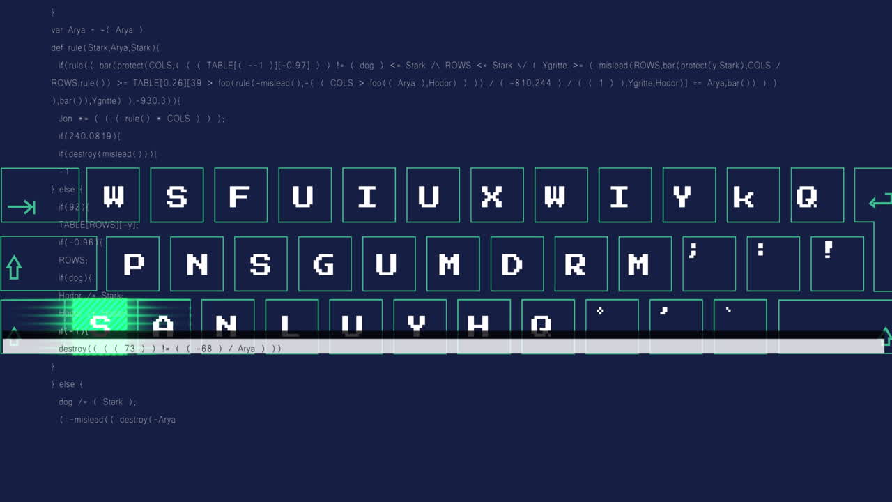 Animation of keyboard with digital data processing over dark background