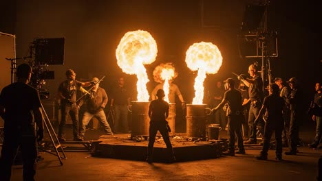 intense fire effects showcase: a behind-the-scenes look at stunt performers and pyrotechnicians creating explosive visuals for a live action sequence