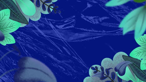 animación de hojas de plantas tropicales verdes y azules sobre un fondo de textura azul en movimiento