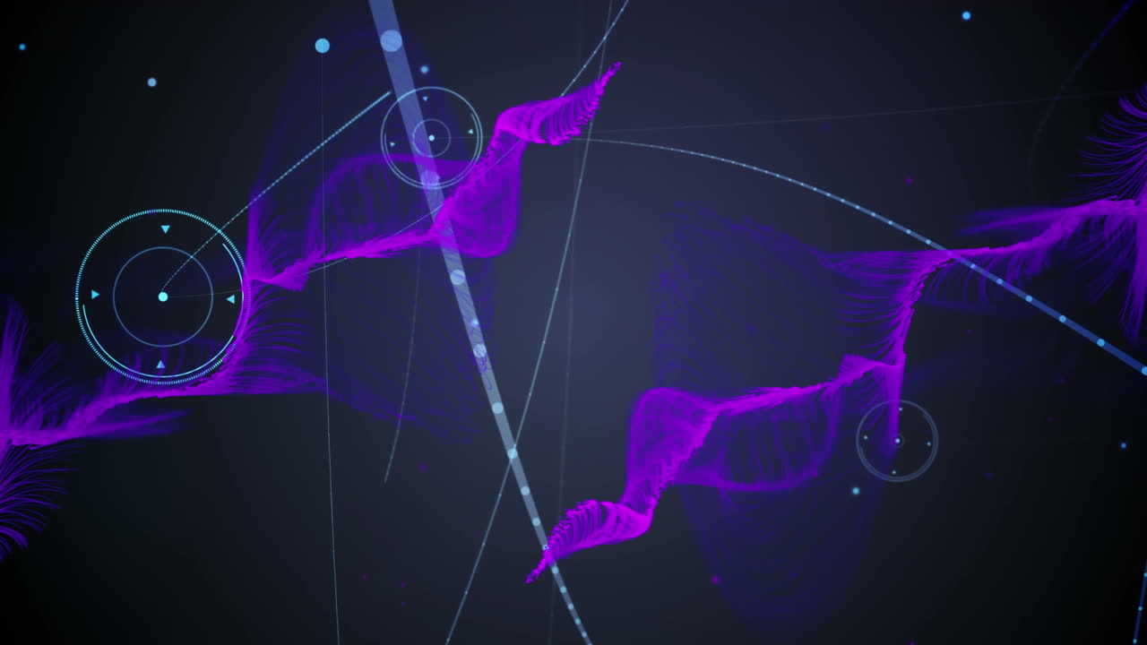 animación de malla púrpura sobre una red de conexiones con puntos.