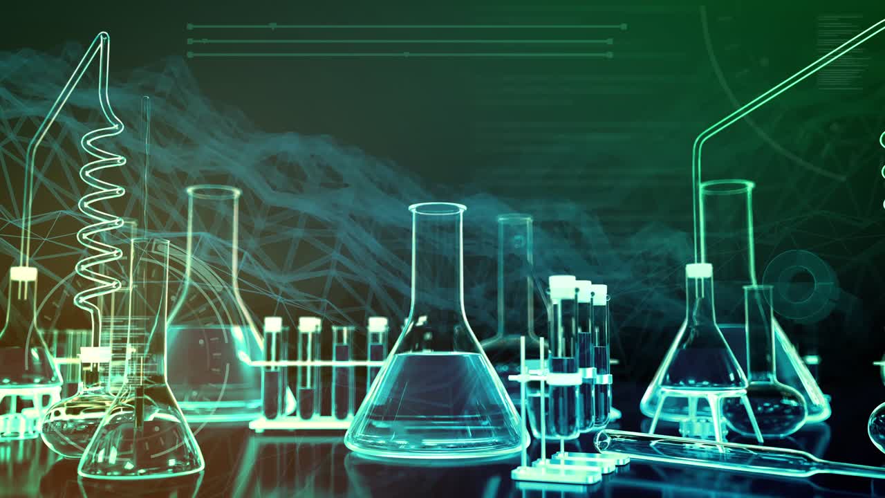 검증 및 다른 실험실 유리 용품 스크롤 파란색 - 녹색 배경에 디지털 효과, 현대 의료 의료 산업 개념 - 60fps 4k uhd 3d loopable 애니메이션