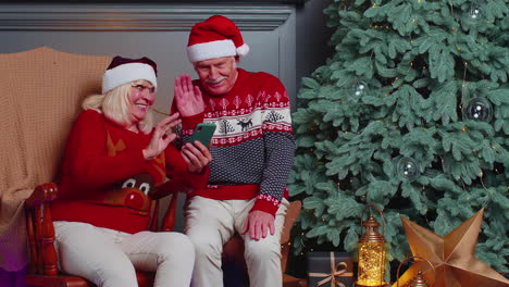 senior family taking selfie on mobile phone, communicating video call online celebrating christmas