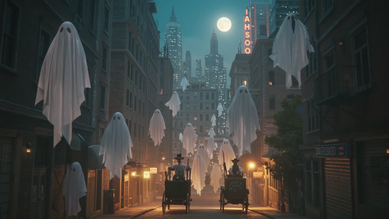A Haunting Night in the City: Ghostly Figures Drift Through Foggy Streets Under the Full Moon, Evoking a Sense of Mystery and Eerie Calm Amongst Historic Buildings