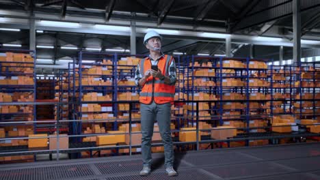 cuerpo lleno de ingeniero masculino asiático con casco de seguridad usando teléfono inteligente y mirando a su alrededor mientras está de pie en el almacén con estantes llenos de bienes de entrega