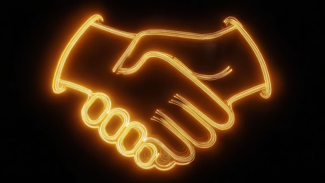 Glowing golden handshake icon made of fiber optic cables pulsing with light on a black background, symbolizing a technological deal, partnership, network connection, and digital agreement