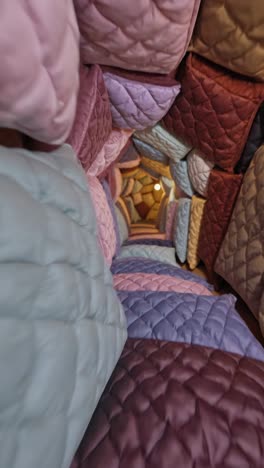 a cozy tunnel made of soft, quilted cushions