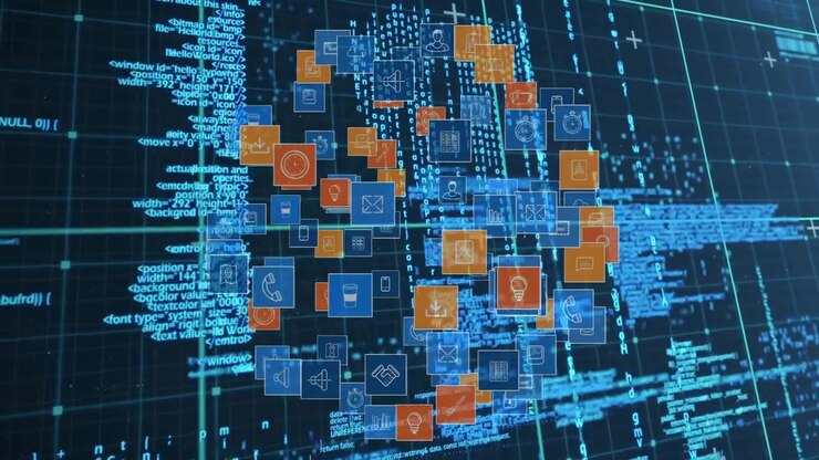 Scrolling code driving icons into dense ring, phone and chart icons rotating, visualizing tech data