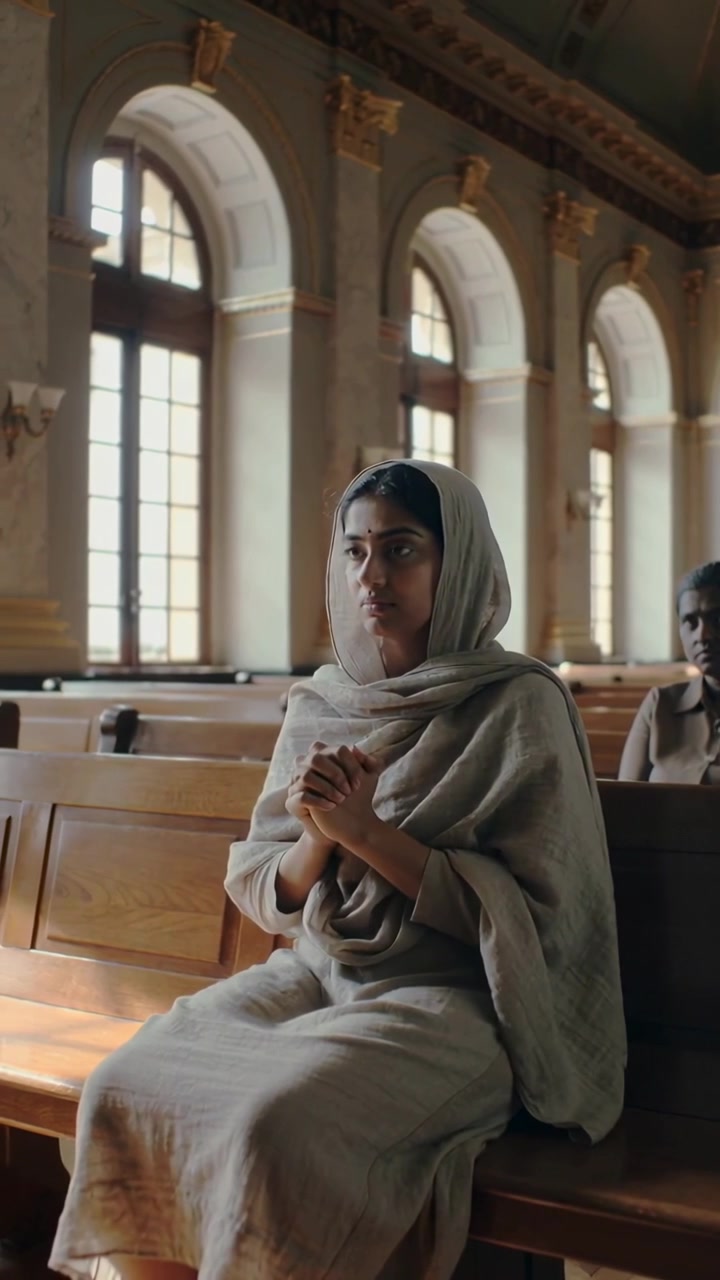 Vertical video: Pausing, woman in scarf and shawl raising hands to chest on chapel pew for prayer
