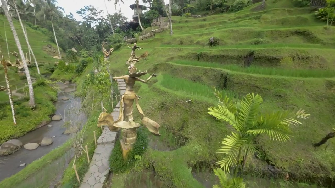 Atemberaubende Luftaufnahme von üppig grünen Reisterrassen auf Bali, mit wunderschönen Statuen, gewundenen Pfaden und einem fließenden Bach. Perfekt für Reise-, Natur- oder Kulturprojekte