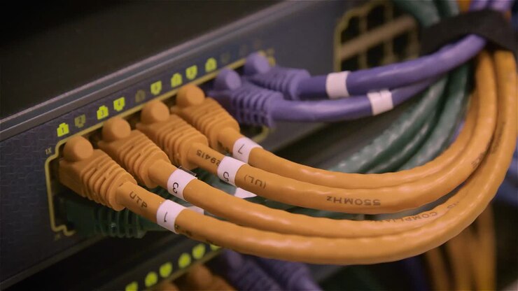 Computer cables are plugged into a hub in a data center 2