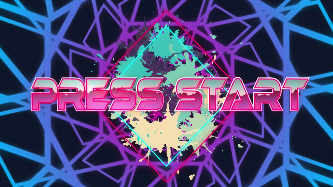 프레스 스타트 텍스트의 애니메이션, 로과 컬러 스플래시, 검은색 배경에 추상적인 패턴