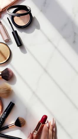 makeup and cosmetic products flat lay on marble with hand holding lipstick