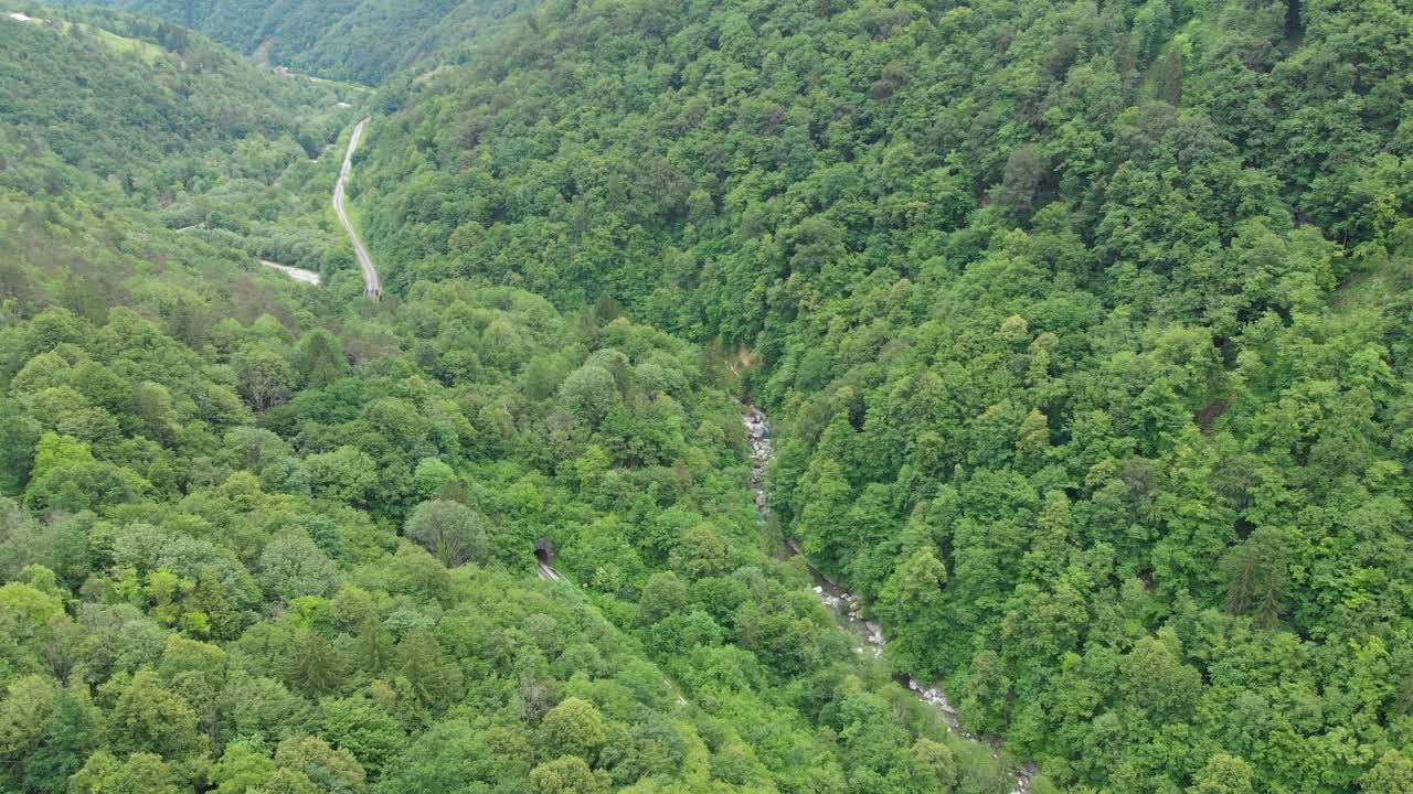 vista aérea del ferrocarril y el río que atraviesa el bosque en eslovenia