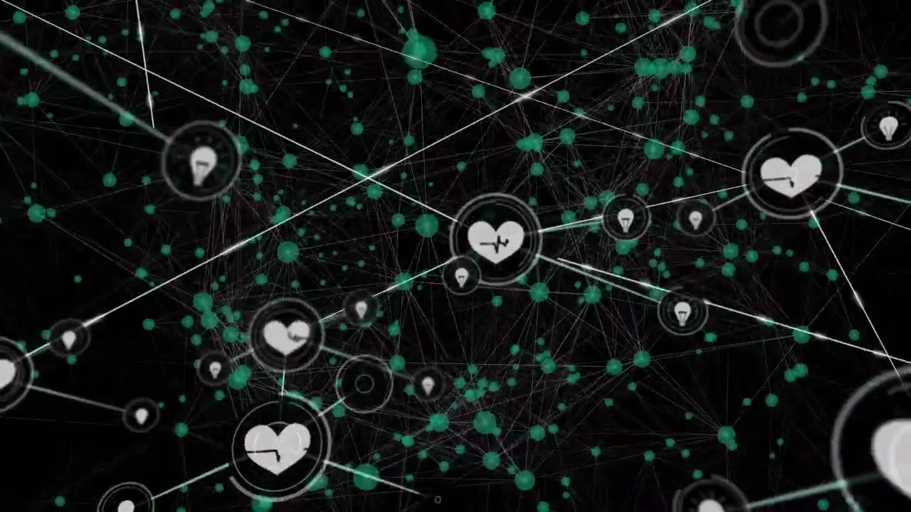 Animation of network of connections with icons on black background